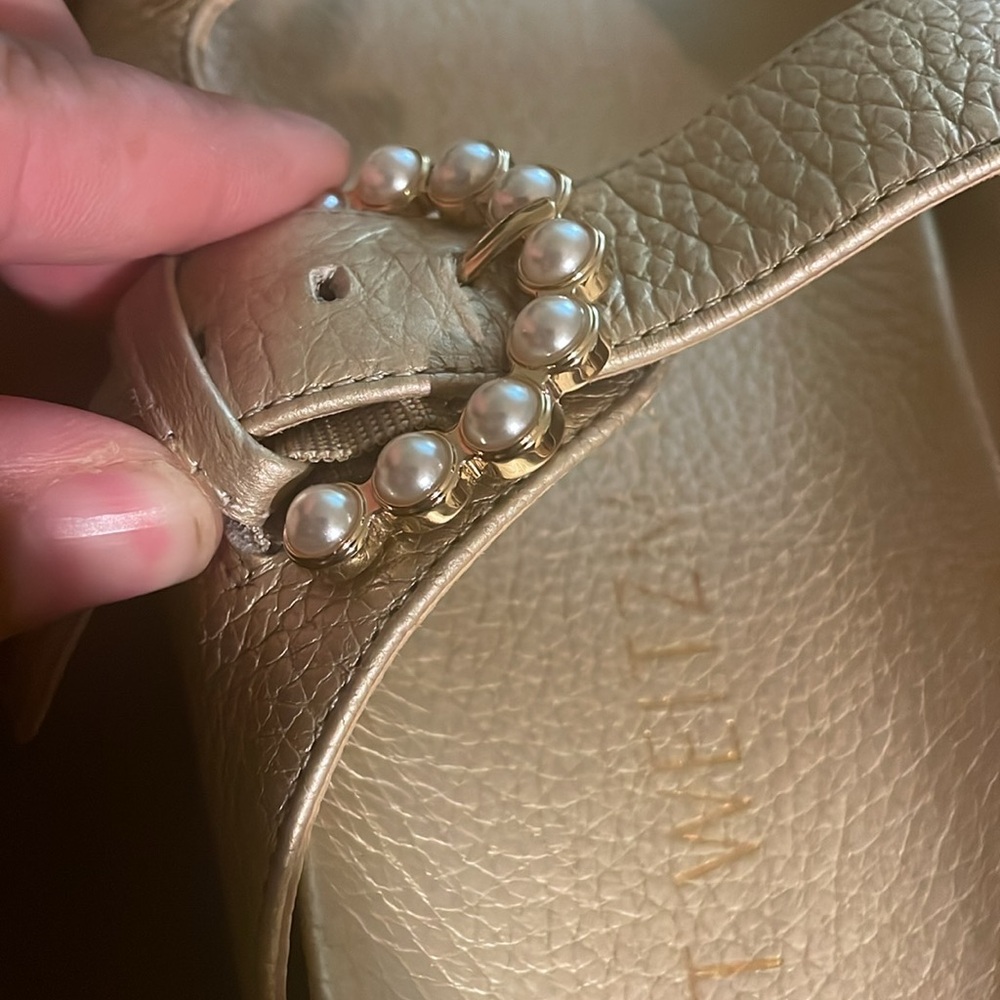 Stuart Weitzman Gold Sandal With Pearl Buckles - Picture 9 of 9